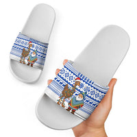 Uruguay Christmas Slide Sandals with Santa Claus Rhea Bird Holiday Lights and Blue Geometric Pattern - Wonder Print Shop