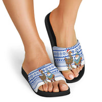 Uruguay Christmas Slide Sandals with Santa Claus Rhea Bird Holiday Lights and Blue Geometric Pattern - Wonder Print Shop