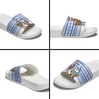 Uruguay Christmas Slide Sandals with Santa Claus Rhea Bird Holiday Lights and Blue Geometric Pattern - Wonder Print Shop