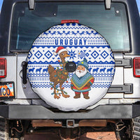 Uruguay Christmas Spare Tire Cover with Santa Claus Rhea Bird Holiday Lights and Blue Geometric Pattern - Wonder Print Shop