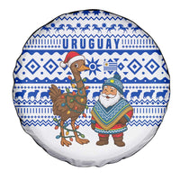 Uruguay Christmas Spare Tire Cover with Santa Claus Rhea Bird Holiday Lights and Blue Geometric Pattern - Wonder Print Shop