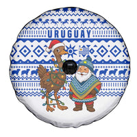 Uruguay Christmas Spare Tire Cover with Santa Claus Rhea Bird Holiday Lights and Blue Geometric Pattern - Wonder Print Shop