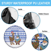 Uruguay Christmas Spare Tire Cover with Santa Claus Rhea Bird Holiday Lights and Blue Geometric Pattern - Wonder Print Shop
