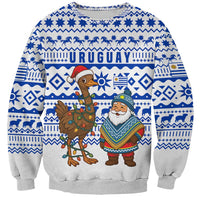 Uruguay Christmas Sweatshirt with Santa Claus Rhea Bird Holiday Lights and Blue Geometric Pattern - Wonder Print Shop