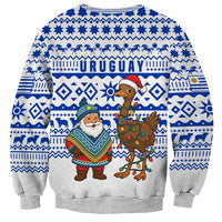 Uruguay Christmas Sweatshirt with Santa Claus Rhea Bird Holiday Lights and Blue Geometric Pattern - Wonder Print Shop