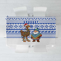 Uruguay Christmas Tablecloth with Santa Claus Rhea Bird Holiday Lights and Blue Geometric Pattern - Wonder Print Shop