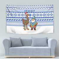 Uruguay Christmas Tapestry with Santa Claus Rhea Bird Holiday Lights and Blue Geometric Pattern - Wonder Print Shop