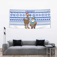 Uruguay Christmas Tapestry with Santa Claus Rhea Bird Holiday Lights and Blue Geometric Pattern - Wonder Print Shop