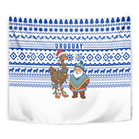 Uruguay Christmas Tapestry with Santa Claus Rhea Bird Holiday Lights and Blue Geometric Pattern - Wonder Print Shop