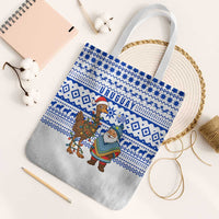 Uruguay Christmas Tote Bag with Santa Claus Rhea Bird Holiday Lights and Blue Geometric Pattern - Wonder Print Shop