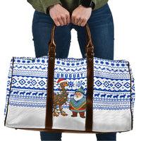 Uruguay Christmas Travel Bag with Santa Claus Rhea Bird Holiday Lights and Blue Geometric Pattern - Wonder Print Shop