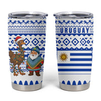 Uruguay Christmas Tumbler Cup with Santa Claus Rhea Bird Holiday Lights and Blue Geometric Pattern - Wonder Print Shop