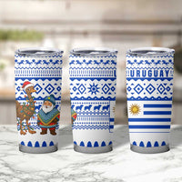 Uruguay Christmas Tumbler Cup with Santa Claus Rhea Bird Holiday Lights and Blue Geometric Pattern - Wonder Print Shop