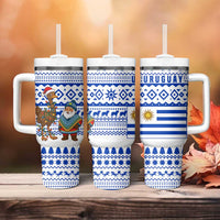 Uruguay Christmas Tumbler With Handle with Santa Claus Rhea Bird Holiday Lights and Blue Geometric Pattern - Wonder Print Shop