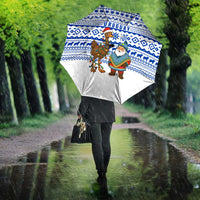 Uruguay Christmas Umbrella with Santa Claus Rhea Bird Holiday Lights and Blue Geometric Pattern - Wonder Print Shop