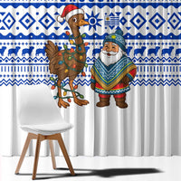 Uruguay Christmas Window Curtain with Santa Claus Rhea Bird Holiday Lights and Blue Geometric Pattern - Wonder Print Shop