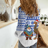 Uruguay Christmas Women Casual Shirt with Santa Claus Rhea Bird Holiday Lights and Blue Geometric Pattern - Wonder Print Shop