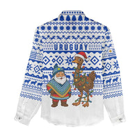 Uruguay Christmas Women Casual Shirt with Santa Claus Rhea Bird Holiday Lights and Blue Geometric Pattern - Wonder Print Shop