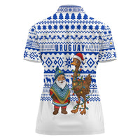 Uruguay Christmas Women Polo Shirt with Santa Claus Rhea Bird Holiday Lights and Blue Geometric Pattern - Wonder Print Shop