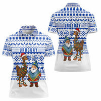 Uruguay Christmas Women Polo Shirt with Santa Claus Rhea Bird Holiday Lights and Blue Geometric Pattern - Wonder Print Shop