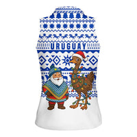 Uruguay Christmas Women Sleeveless Polo Shirt with Santa Claus Rhea Bird Holiday Lights and Blue Geometric Pattern - Wonder Print Shop