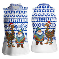 Uruguay Christmas Women Sleeveless Polo Shirt with Santa Claus Rhea Bird Holiday Lights and Blue Geometric Pattern - Wonder Print Shop