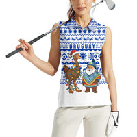 Uruguay Christmas Women Sleeveless Polo Shirt with Santa Claus Rhea Bird Holiday Lights and Blue Geometric Pattern - Wonder Print Shop