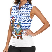 Uruguay Christmas Women Sleeveless Polo Shirt with Santa Claus Rhea Bird Holiday Lights and Blue Geometric Pattern - Wonder Print Shop