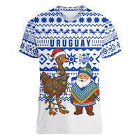 Uruguay Christmas Women V-Neck T-Shirt with Santa Claus Rhea Bird Holiday Lights and Blue Geometric Pattern - Wonder Print Shop