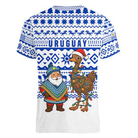 Uruguay Christmas Women V-Neck T-Shirt with Santa Claus Rhea Bird Holiday Lights and Blue Geometric Pattern - Wonder Print Shop