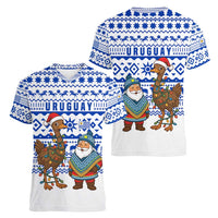 Uruguay Christmas Women V-Neck T-Shirt with Santa Claus Rhea Bird Holiday Lights and Blue Geometric Pattern - Wonder Print Shop