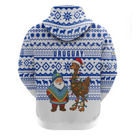 Uruguay Christmas Zip Hoodie with Santa Claus Rhea Bird Holiday Lights and Blue Geometric Pattern - Wonder Print Shop