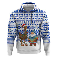 Uruguay Christmas Zip Hoodie with Santa Claus Rhea Bird Holiday Lights and Blue Geometric Pattern - Wonder Print Shop