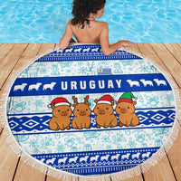 Uruguay Christmas Beach Blanket with Capybaras Holiday Tree Sun Emblem and Blue Festive Pattern - Wonder Print Shop