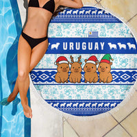Uruguay Christmas Beach Blanket with Capybaras Holiday Tree Sun Emblem and Blue Festive Pattern - Wonder Print Shop