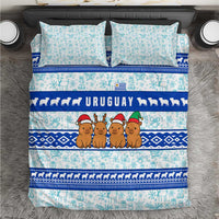 Uruguay Christmas Bedding Set with Capybaras Holiday Tree Sun Emblem and Blue Festive Pattern - Wonder Print Shop