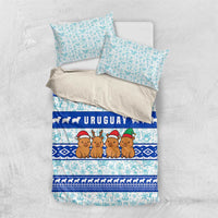 Uruguay Christmas Bedding Set with Capybaras Holiday Tree Sun Emblem and Blue Festive Pattern - Wonder Print Shop
