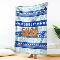 Uruguay Christmas Blanket with Capybaras Holiday Tree Sun Emblem and Blue Festive Pattern - Wonder Print Shop