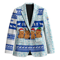 Uruguay Christmas Blazer with Capybaras Holiday Tree Sun Emblem and Blue Festive Pattern - Wonder Print Shop