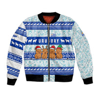 Uruguay Christmas Bomber Jacket with Capybaras Holiday Tree Sun Emblem and Blue Festive Pattern - Wonder Print Shop