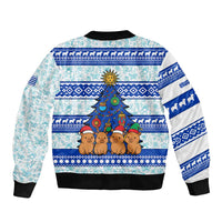 Uruguay Christmas Bomber Jacket with Capybaras Holiday Tree Sun Emblem and Blue Festive Pattern - Wonder Print Shop