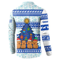 Uruguay Christmas Button Sweatshirt with Capybaras Holiday Tree Sun Emblem and Blue Festive Pattern - Wonder Print Shop