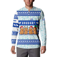 Uruguay Christmas Button Sweatshirt with Capybaras Holiday Tree Sun Emblem and Blue Festive Pattern - Wonder Print Shop
