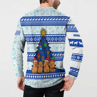 Uruguay Christmas Button Sweatshirt with Capybaras Holiday Tree Sun Emblem and Blue Festive Pattern - Wonder Print Shop
