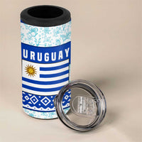 Uruguay Christmas 4 in 1 Can Cooler Tumbler with Capybaras Holiday Tree Sun Emblem and Blue Festive Pattern - Wonder Print Shop