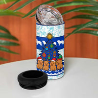 Uruguay Christmas 4 in 1 Can Cooler Tumbler with Capybaras Holiday Tree Sun Emblem and Blue Festive Pattern - Wonder Print Shop