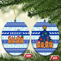 Uruguay Christmas Ceramic Ornament with Capybaras Holiday Tree Sun Emblem and Blue Festive Pattern - Wonder Print Shop