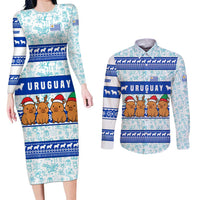 Uruguay Christmas Couples Matching Long Sleeve Bodycon Dress and Long Sleeve Button Shirt with Capybaras Holiday Tree Sun Emblem and Blue Festive Pattern - Wonder Print Shop