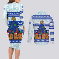 Uruguay Christmas Couples Matching Long Sleeve Bodycon Dress and Long Sleeve Button Shirt with Capybaras Holiday Tree Sun Emblem and Blue Festive Pattern - Wonder Print Shop