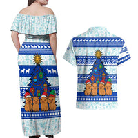 Uruguay Christmas Couples Matching Off Shoulder Maxi Dress and Hawaiian Shirt with Capybaras Holiday Tree Sun Emblem and Blue Festive Pattern - Wonder Print Shop